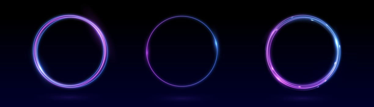 Neon swirl. Curve blue line light effect. Abstract ring background with glowing swirling background. Energy flow tunnel. Blue portal, platform. Magic circle vector. Round frame with light effect vector