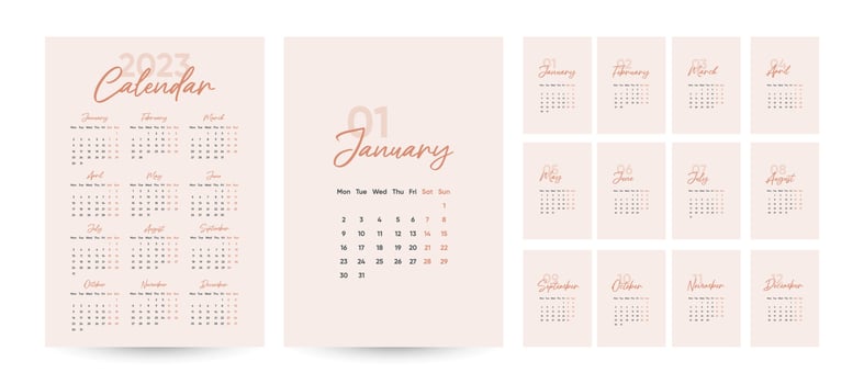 Monthly calendar 2023 template in trendy minimalist Style, cover concept, set of 12 pages desk calendar, 2023 minimal calendar planner design for printing template vector