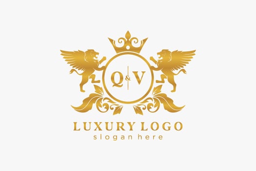 Initial QV Letter Lion Royal Luxury Logo template in vector art for Restaurant, Royalty, Boutique, Cafe, Hotel, Heraldic, Jewelry, Fashion and other vector illustration.