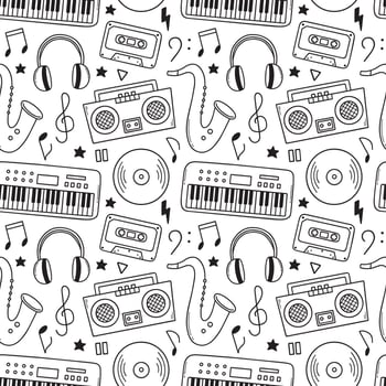 Seamless pattern of music doodle. Musical instruments, notes, headphones in sketch style. Hand drawn vector illustration