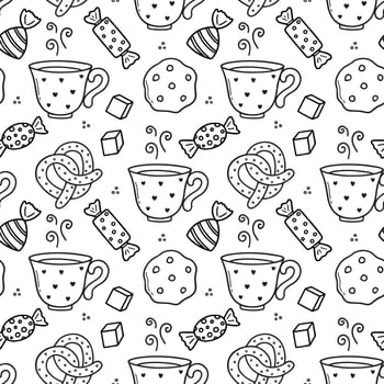 Seamless pattern of Tea time doodle. Cups and sweets in sketch style. Hand drawn vector illustration
