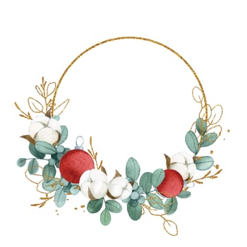 watercolor drawing. christmas wreath of eucalyptus leaves, cotton and christmas red balls. golden frame vector