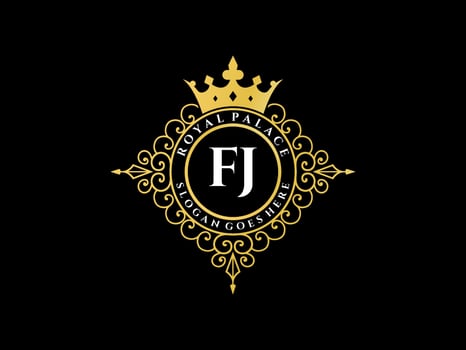 Letter FJ Antique royal luxury victorian logo with ornamental frame. vector