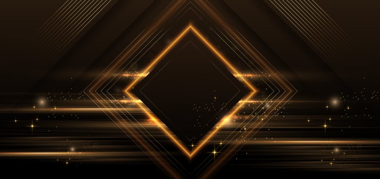 Luxury square frame golden glitter effect glowing on black background with lighting effect sparkle. vector