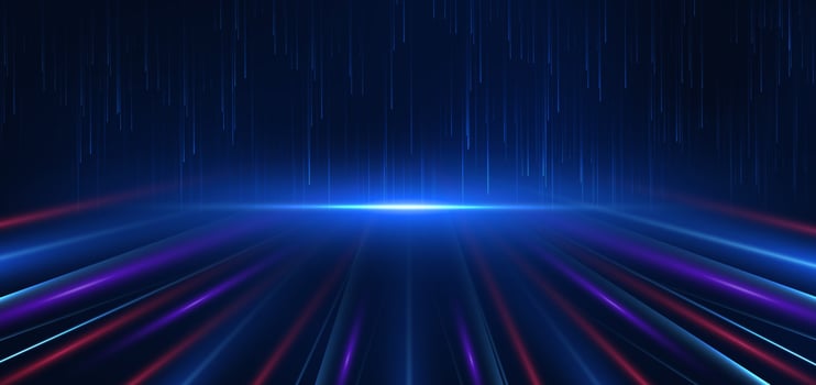 Abstract technology futuristic glowing blue and red  light lines with speed motion blur effect on dark blue background. vector
