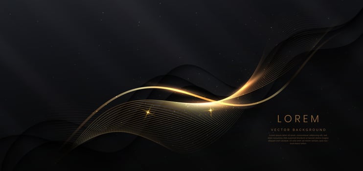 Luxury curve golden lines on black background with lighting effect copy space for text. vector