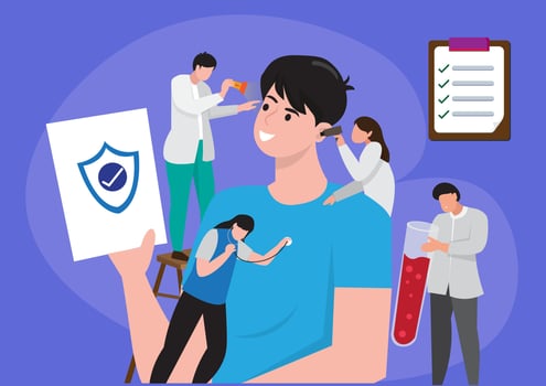 Men's health insurance is covered by a medical examination. Choosing a Health Insurance Plan. vector illustration