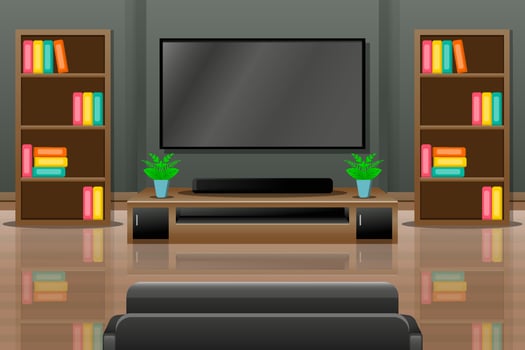 living room interior with television, tables, rack, and sofa vector