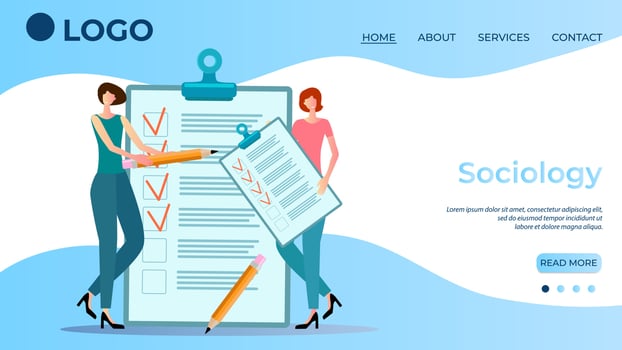 Sociology.People's reviews and survey form.Employees are engaged in customer surveys.Feedback.Monitoring public opinion.The template of the landing page.Flat vector illustration.