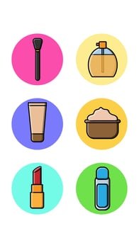 Set of six round icons for trendy with fashion items from the beauty industry makeup brush perfume foundation cream lipstick on a white background. Vector illustration