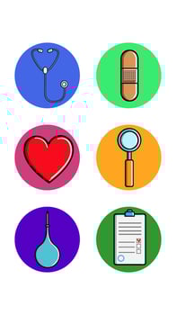 Set of six round icons for topical with medical medical pharmacological objects heart spetoscope band-aid magnifier document enema on a white background. Vector illustration
