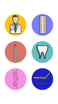 A set of six round icons for topical with medical medical pharmacological subjects doctor pills thermometer tooth dna bed wheelchair on a white background. Vector illustration