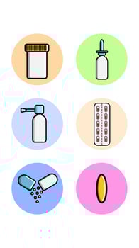 A set of six round icons for topical with medical medical pharmacological items a jar of pills, drops for the nose, spray, pill on a white background. Vector illustration
