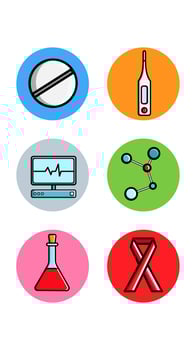 Set of six round icons for topical with medical medical pharmacological subjects tablet thermometer molecule monitor flask on a white background. Vector illustration
