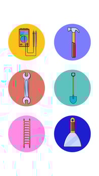 A set of six round icons for the current one with different construction tools for repairing a tester hammer wrench spade ladder putty knife on a white background. Vector illustration