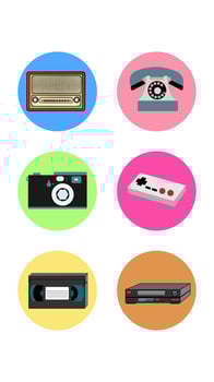 A set of six round icons for the current old antique retro technology phone radio camera joystick video player and cassette on a white background. Vector illustration