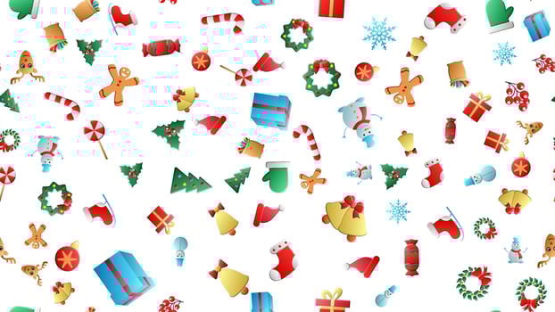 Hand drawn winter pattern. Christmas pattern. Winter elements. Deer, snowflakes, holly, christmas balls, snowballs, spruce, mitten, sweets, candles, gifts, cone vector