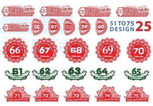 51 to 75 years anniversary logo and sticker design template vector