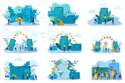 Online payments.The concept of money transfers of the international banking network of online shopping sales.A set of illustrations on a similar theme.A set of flat vector illustrations.