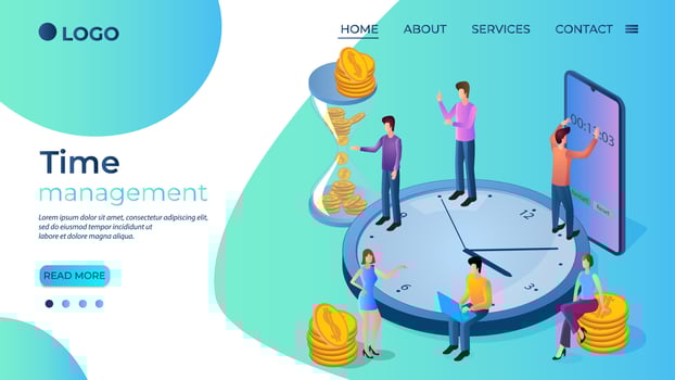 Time-management.The concept of effective control of time and effort.Planning of the workflow.The template of the landing page.Isometric illustration. vector