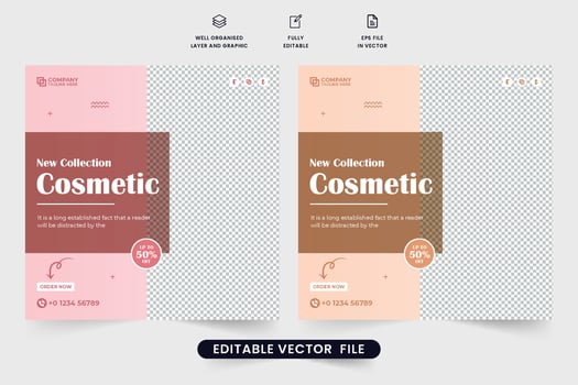 Creative cosmetic sale template design with pink and silk colors. Cosmetic promotional poster vector with discount offers. Beauty product advertisement web banner design for digital marketing.