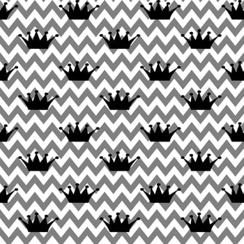 Vector seamless pattern. Princess black crown on zigzag white and white background. Holiday, wrapping, paper, gift, polite and Royal concept.