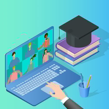 Online education.People get an education through an online connection.Web conference online exams.Isometric vector illustration.