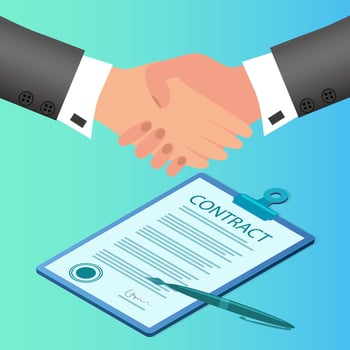 Businessmen sign a contract.Handshake of two businessmen.The concept of concluding a contract of negotiations and agreements.Flat vector illustration.