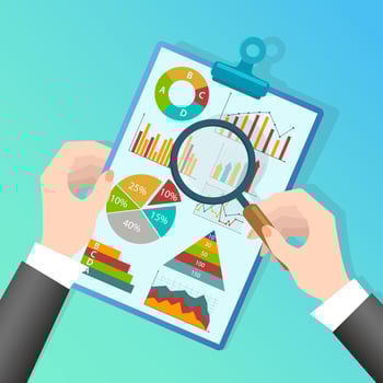 A businessman studies infographics.The concept of business control using modern technologies.Flat vector illustration.