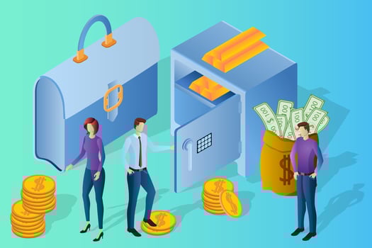People are engaged in financial activities.Businessmen against the background of a Bank safe and coins and gold bars.Banking and teamwork.Isometric vector illustration.