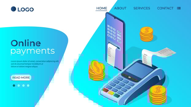 Online payments.Payment using a payment terminal and smartphone.Concept of online payments transfers and purchases.Isometric vector illustration.