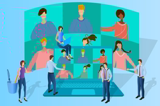 Online business advice .Businessmen conduct consultations using an online conference on the background of a laptop.The concept of online negotiations and discussions.Flat vector illustration.