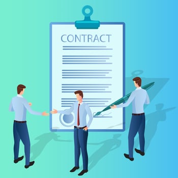 Businessmen sign a contract.In the hands of a businessman, a fountain pen and a document.Business activity the concept of successful negotiations and agreements.Flat vector illustration.