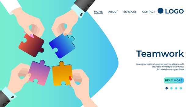 Teamwork.Businessmen men and women put together puzzles.Big hands of people.The concept of teamwork, search for ideas.Flat vector illustration.The template of the landing page.