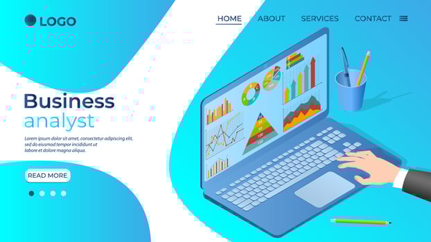 Business analyst.A businessman studies data on his laptop.The concept of remote work, office work, and freelancing.Infographics of business and Finance.Flat vector illustration.