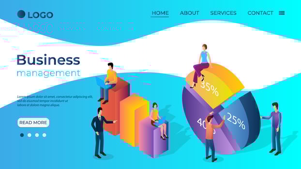 Business management.Business people and infographics.The concept of business management.Business Analytics and financial control.People on the background of infographic characters.Isometric vector