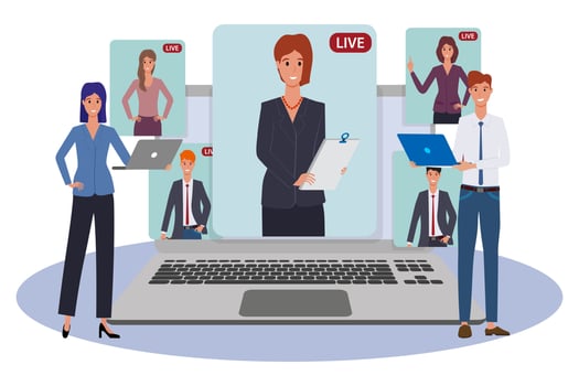 People hold a group meeting using a video conference.Freelance remote work using new technologies.It can be used for web design.Flat vector illustration.