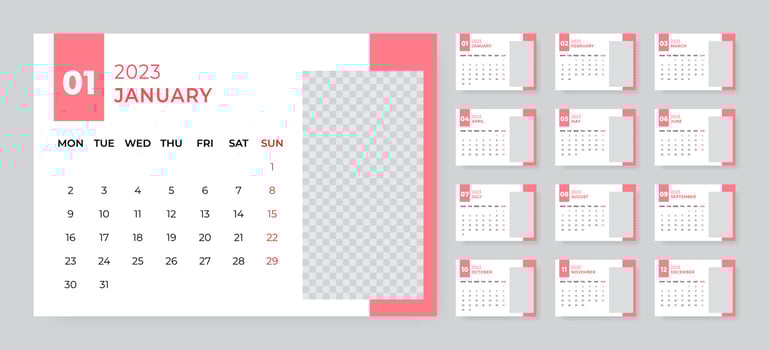Monthly desk calendar template for 2023 year. Week starts on Monday vector