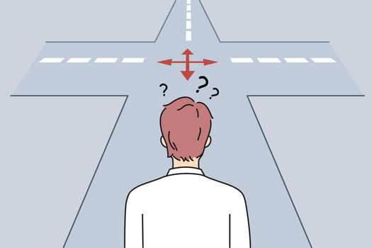 Frustration and choosing way concept. Businessman standing backwards and thinking trying to choose between many opportunities and ways making choice vector illustration