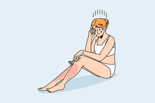 Skin problems after shaving concept. Young crying female sitting with red sore legs having problems with shaving vector illustration