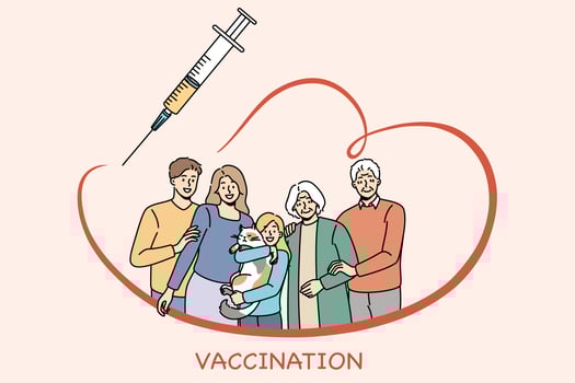 Vaccination and medical protection concept. Family with kid child parents and grandparents standing all together and feeling protected with syringe and vaccination vector illustration