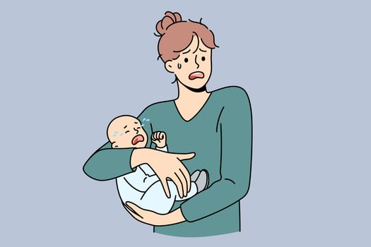 Motherhood problems and stress concept. Young stressed woman mother holding her crying infant baby on hands feeling nervous frustrated postpartum depression vector illustration