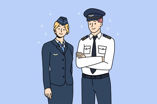 Professional airplane crew in uniform posing for picture together. Portrait of aircraft pilot and stewardess show good quality service. International or national airlines. Vector illustration.