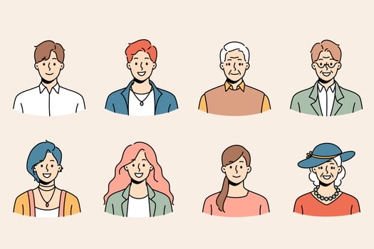 Set of diverse people of different ages and genders profile pictures. Collection of smiling young and old men and women avatar portraits and faces. Generation and diversity. Vector illustration.