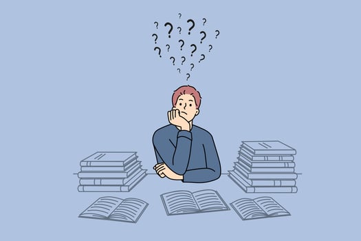 Pensive guy suit at desk studying thinking or pondering of problems finding solution. Thoughtful man with books feel frustrated daydreaming or planning. Dilemma. Vector illustration.
