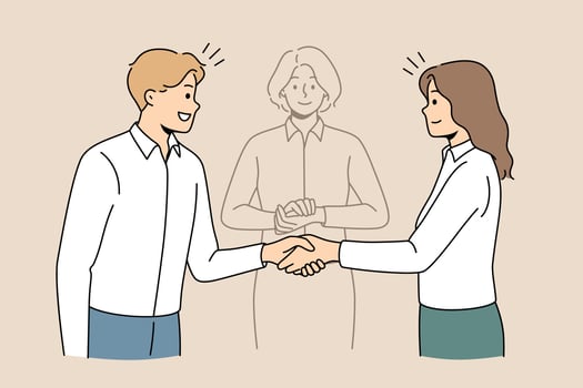 os parceiros de negócios apertam as mãos para encontrar uma solução com a ajuda do mediador. funcionários ou colegas felizes chegam a um acordo para resolver o problema com arbitragem imparcial. ilustração vetorial. vetor
