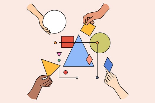 equipe de trabalho multiétnica conecta formas geométricas e figuras envolvidas na atividade de teambuilding. mãos construindo sistema juntos. conceito de parceria e trabalho em equipe. ilustração vetorial. vetor
