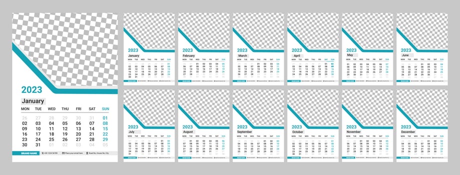 Wall calendar desing 2023. Monthly calender 2023. 12 months. Editable calendar page template vector