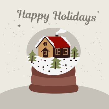Vector picture of a golden-colored post with the image of a house and trees, with the text happy holidays
