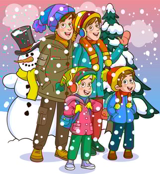 Happy family dressed in winter warm clothes. People in the north. Christmas Holidays. Vector illustration in cartoon style